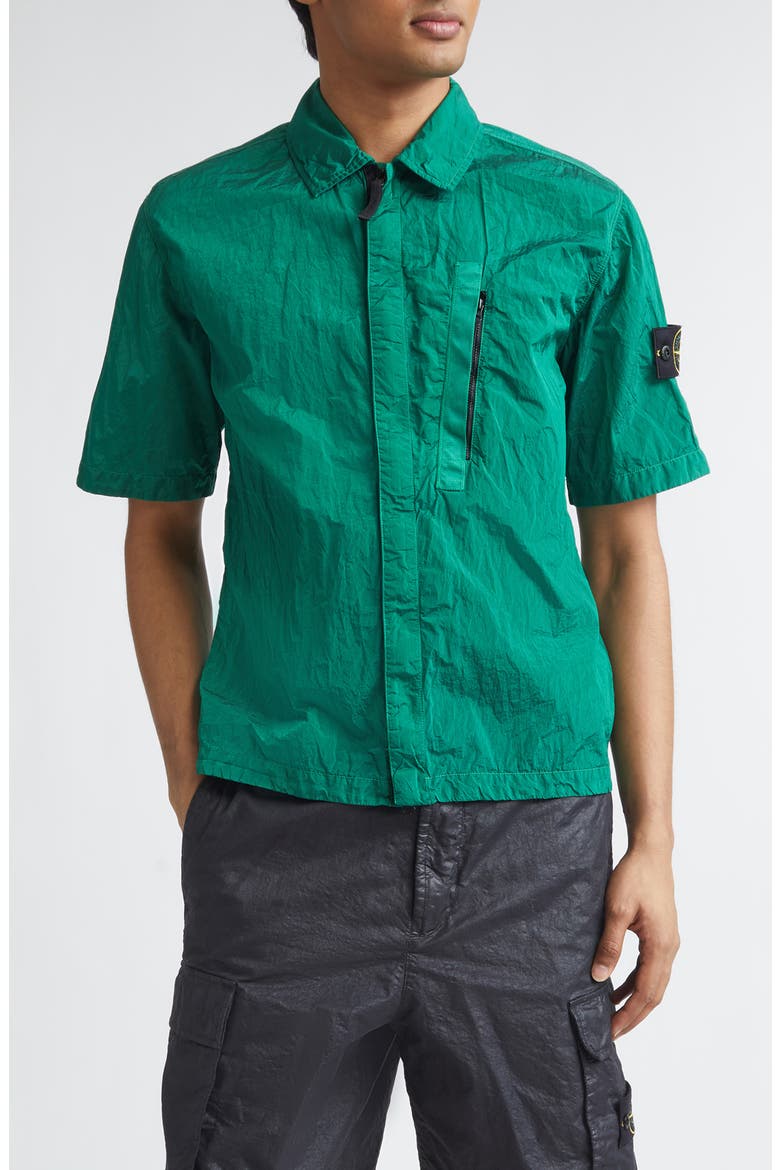Compass Logo Patch Short Sleeve Nylon Zip-Up Camp Shirt, Main, color, MALACHITE