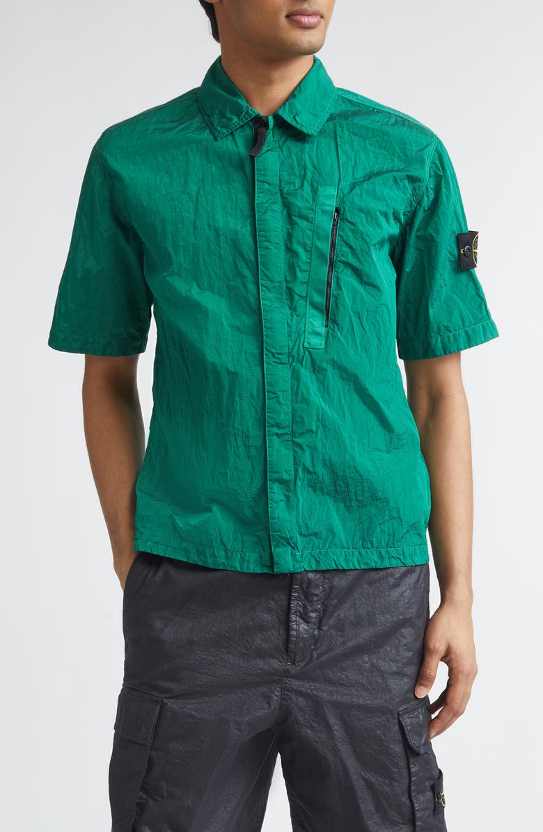 Stone Island Compass Logo Patch Short Sleeve Nylon Zip-Up Camp Shirt, Main, color, Malachite