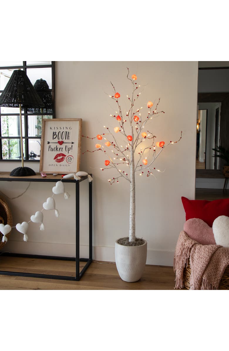 NEARLY NATURAL 5-ft Pre-Lit Artificial Valentine's Day Twig Tree with 72 Heart Shaped LED Lights and Red Berries, Alternate, color, White