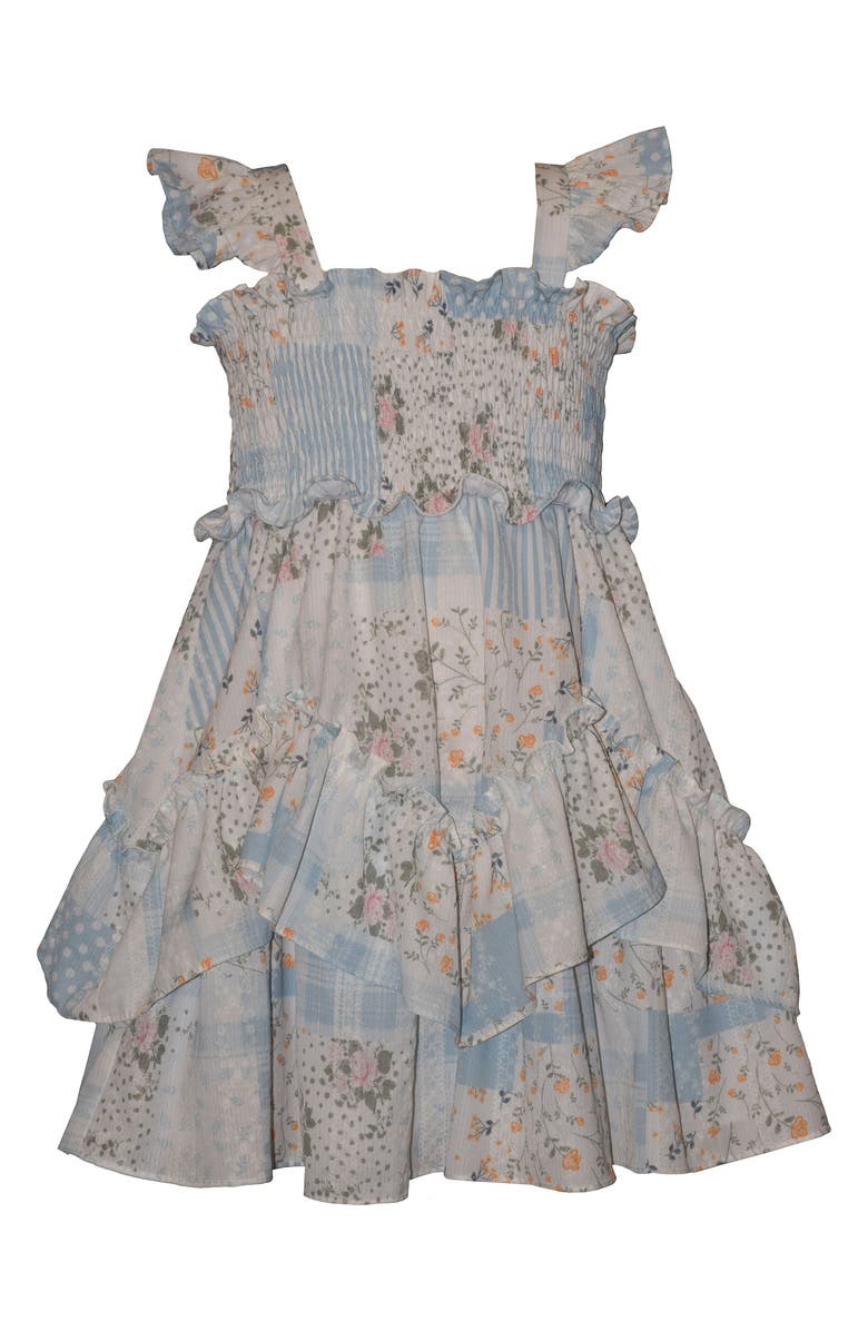 Iris & Ivy Kids' Flutter Sleeve Patchwork Print Smocked Bodice Party Dress, Main, color, Blue Ivory