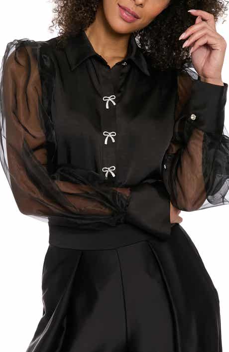 Muse Rhinestone Bow Organza Sleeve Satin Shirt