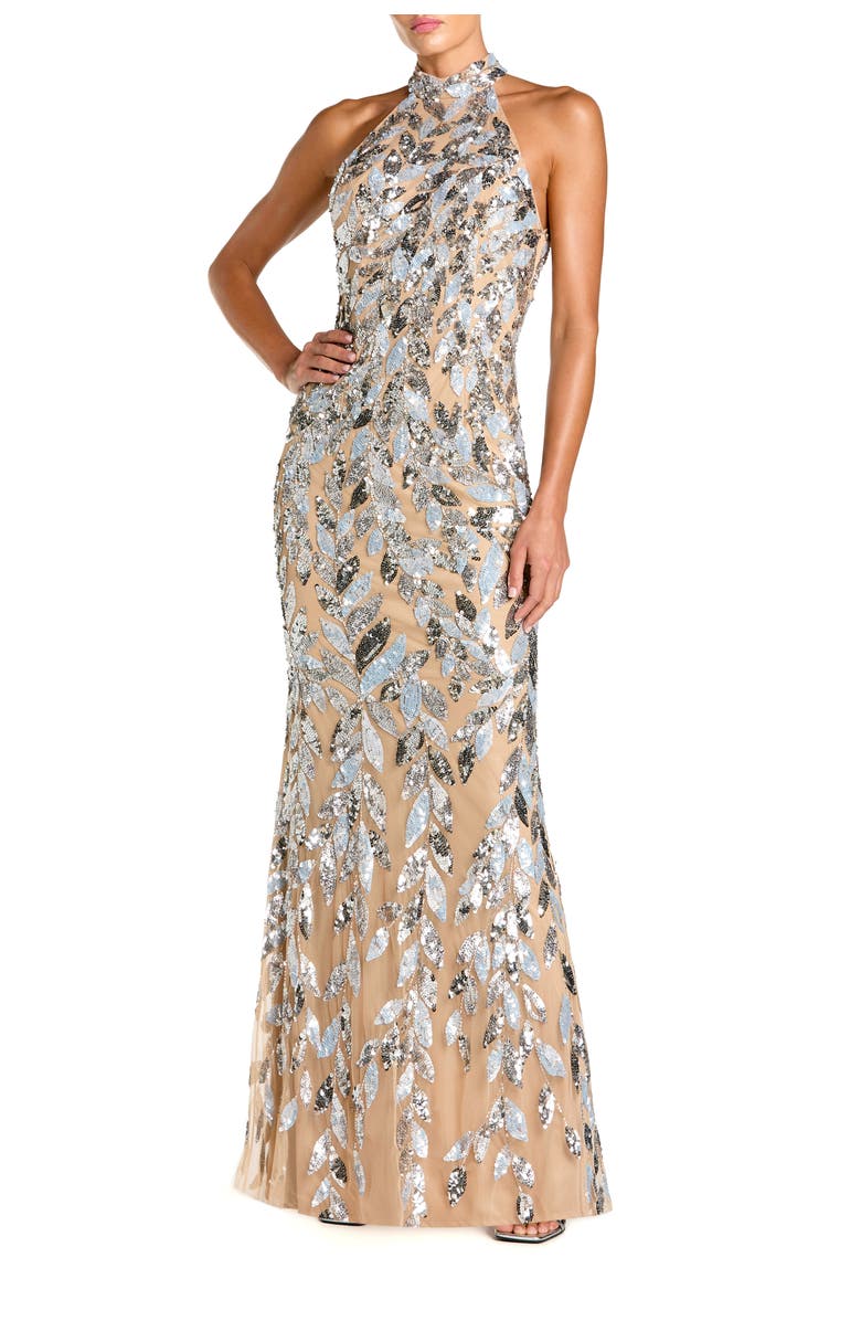Mac Duggal Sequin Halter Column Gown with Open Back, Main, color, Silver Nude