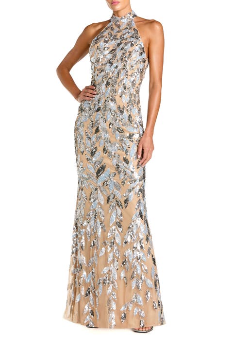 Sequin Halter Column Gown with Open Back
