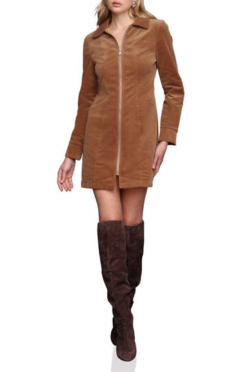 Avec Les Filles Long Sleeve Corduroy Zip Front Shirtdress In Brown