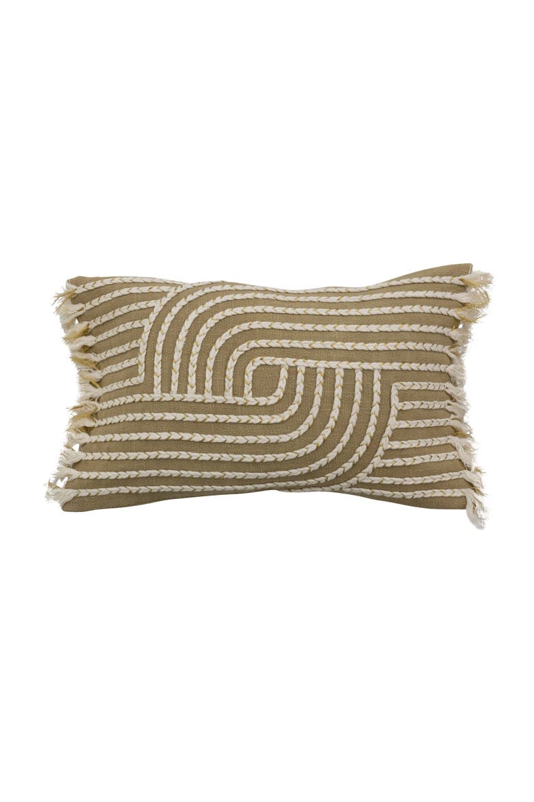 Bloomingville Cotton Slub Lumbar Pillow with Embroidery and Fringe, Multicolor, Main, color, Green