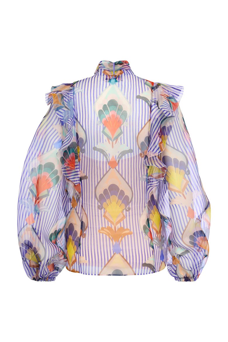 Printed Silk Organza Blouse With Flounces Stripes - print with geometric tulip design, Alternate, color, White / Blue Multicolo