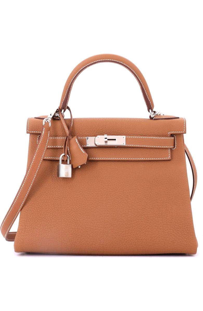 Pre-Owned Hermes Kelly Handbag Brown Togo with Palladium Hardware 28, Main, color, Gold