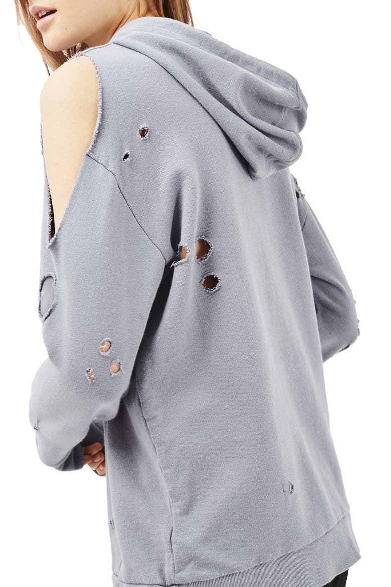 Distressed Cold Shoulder Hoodie, Alternate, color, LIGHT BLUE
