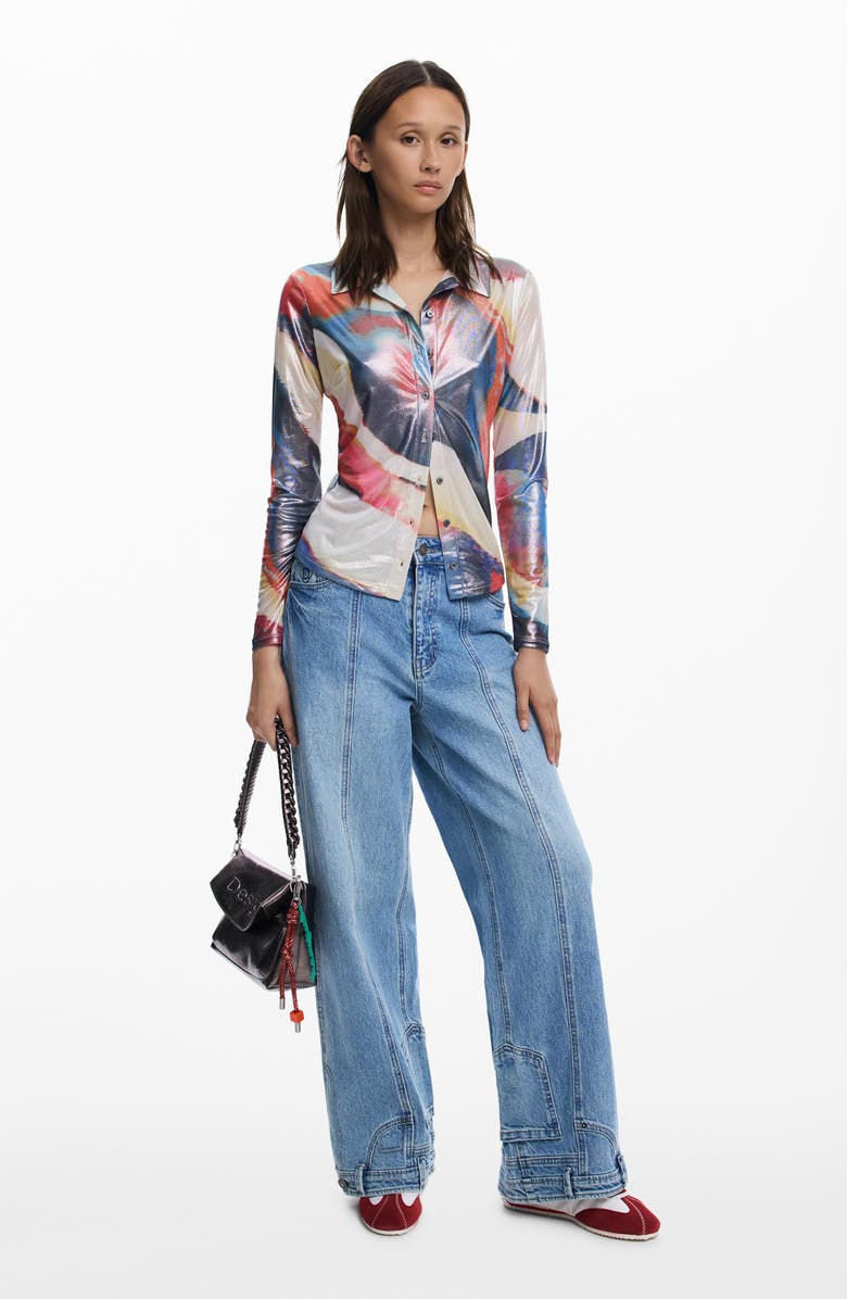 Desigual Abstract Print Button-Up Shirt, Alternate, color, Orange Red