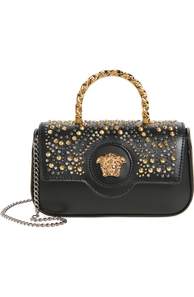 Versace Mini La Medusa Studded Leather Top Handle Bag, Main, color,