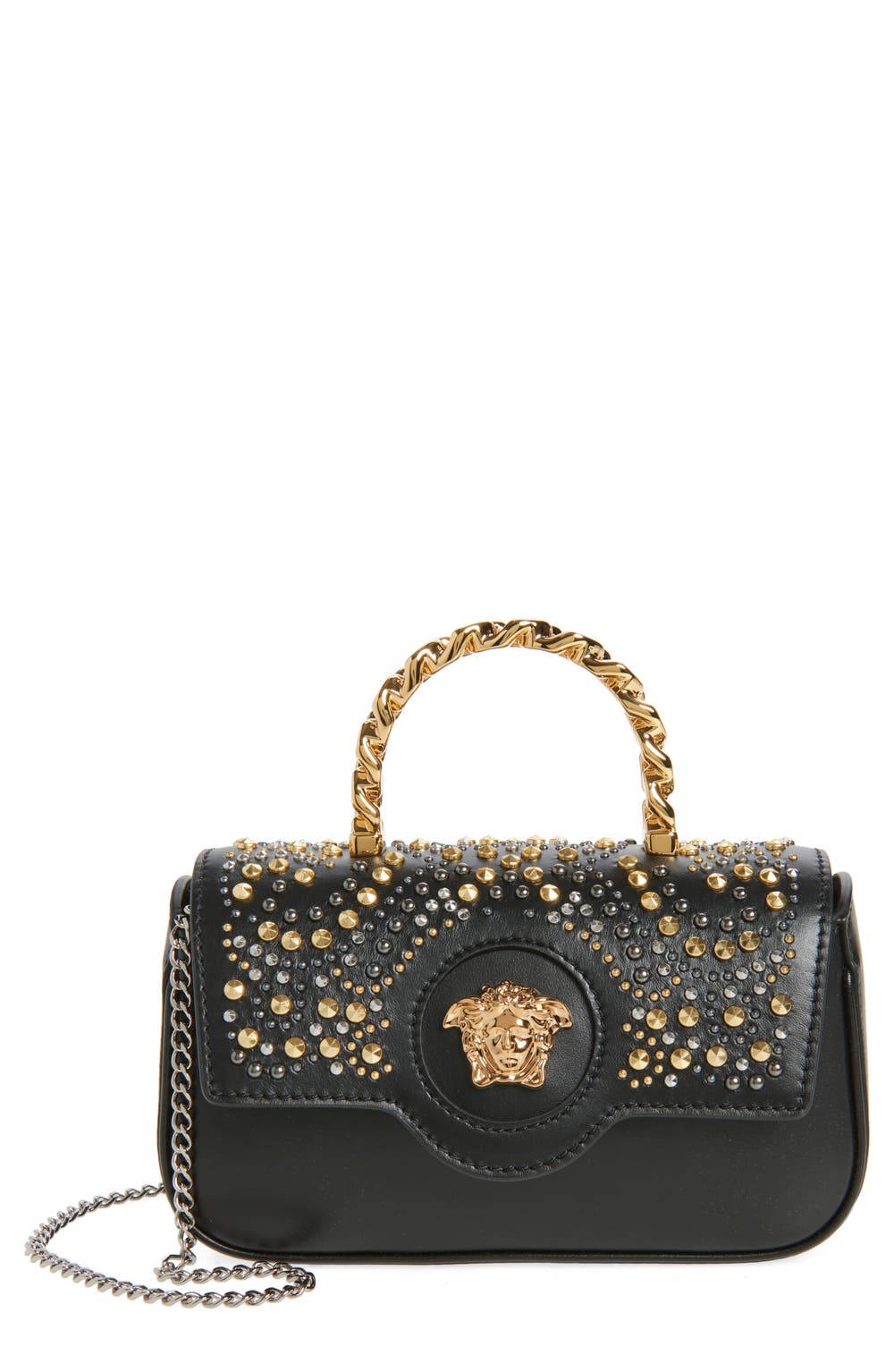 Mini La Medusa Studded Leather Top Handle Bag, color, BLACK GOLD PALLADIUM