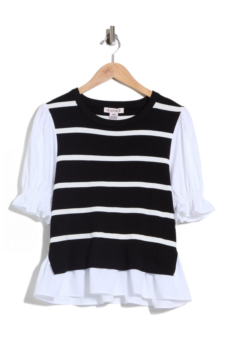 Striped Mixed Media Twofer Sweater, Main, color, VERY BLACK/ WHITE
