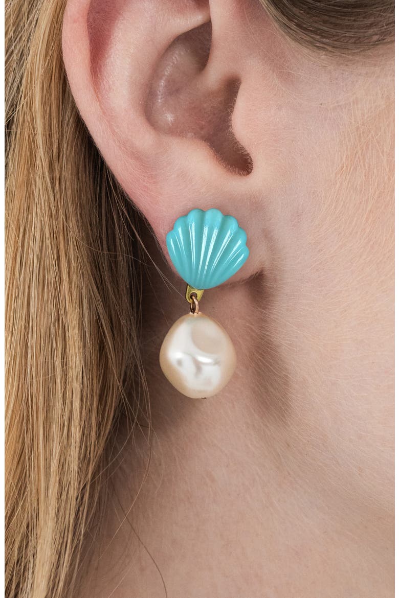 Nori Turquoise Shell & Faux Pearl Drop Earrings, Alternate, color, TURQUOISE