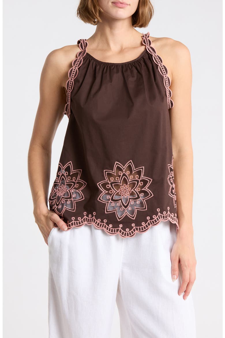 Contrast Embroidered Tank, Main, color, COCOA BEAN/ CREAM