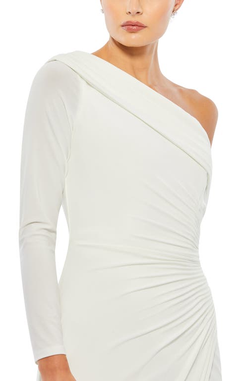 Mac Duggal Ruched Jersey Drop Shoulder Foldover Gown In White