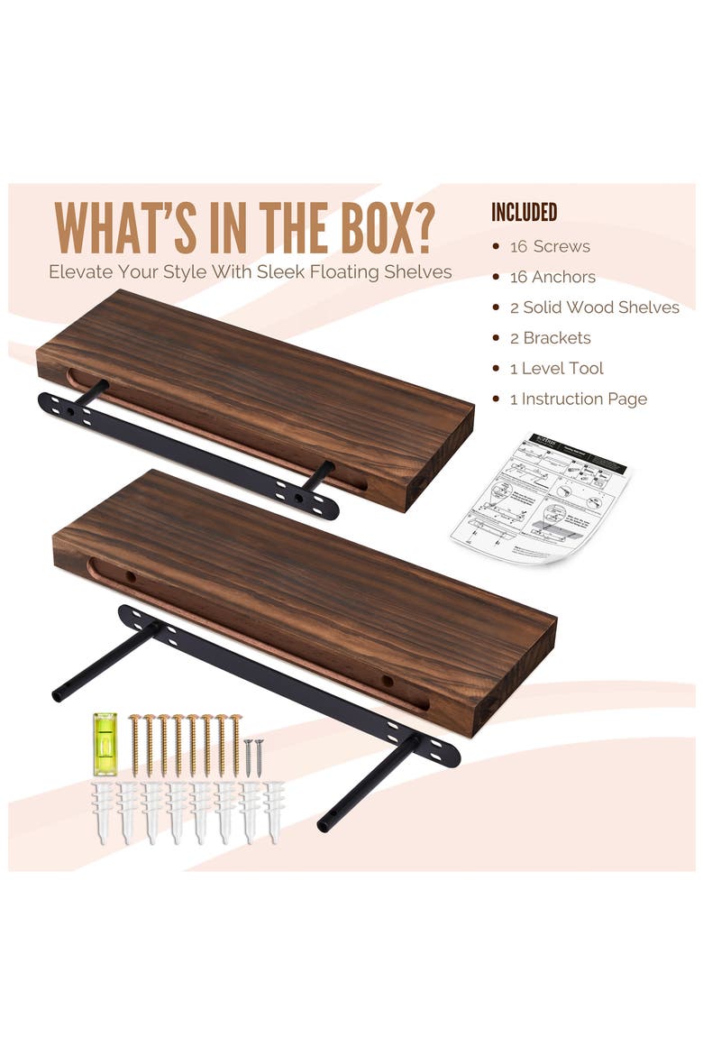 Set of 2 24-Inch Solid Wood Floating Shelves, Alternate, color, BROWN