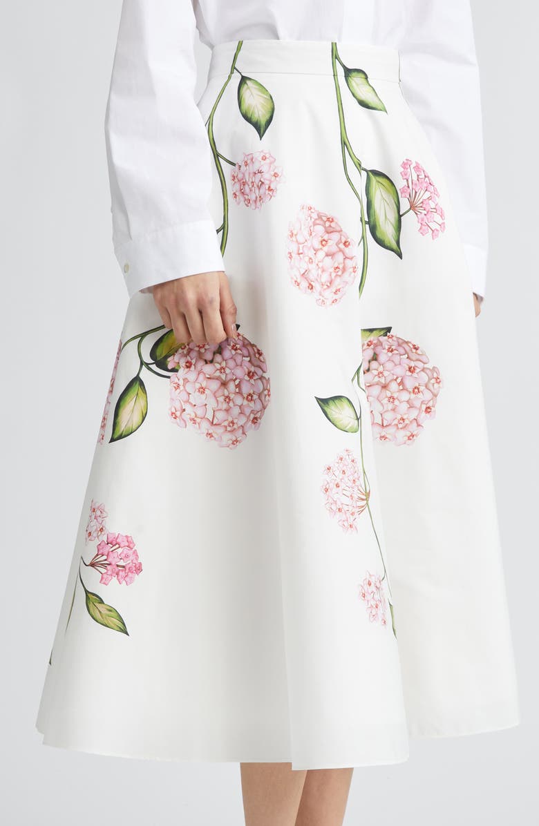 Oscar de la Renta Porcelain Flowers Stretch Cotton Poplin A-Line Midi Skirt, Alternate, color, Pink/ White