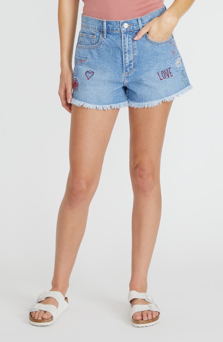 Driftwood Goldie x Love Notes Embroidered Cutoff Denim Shorts, Main, color,