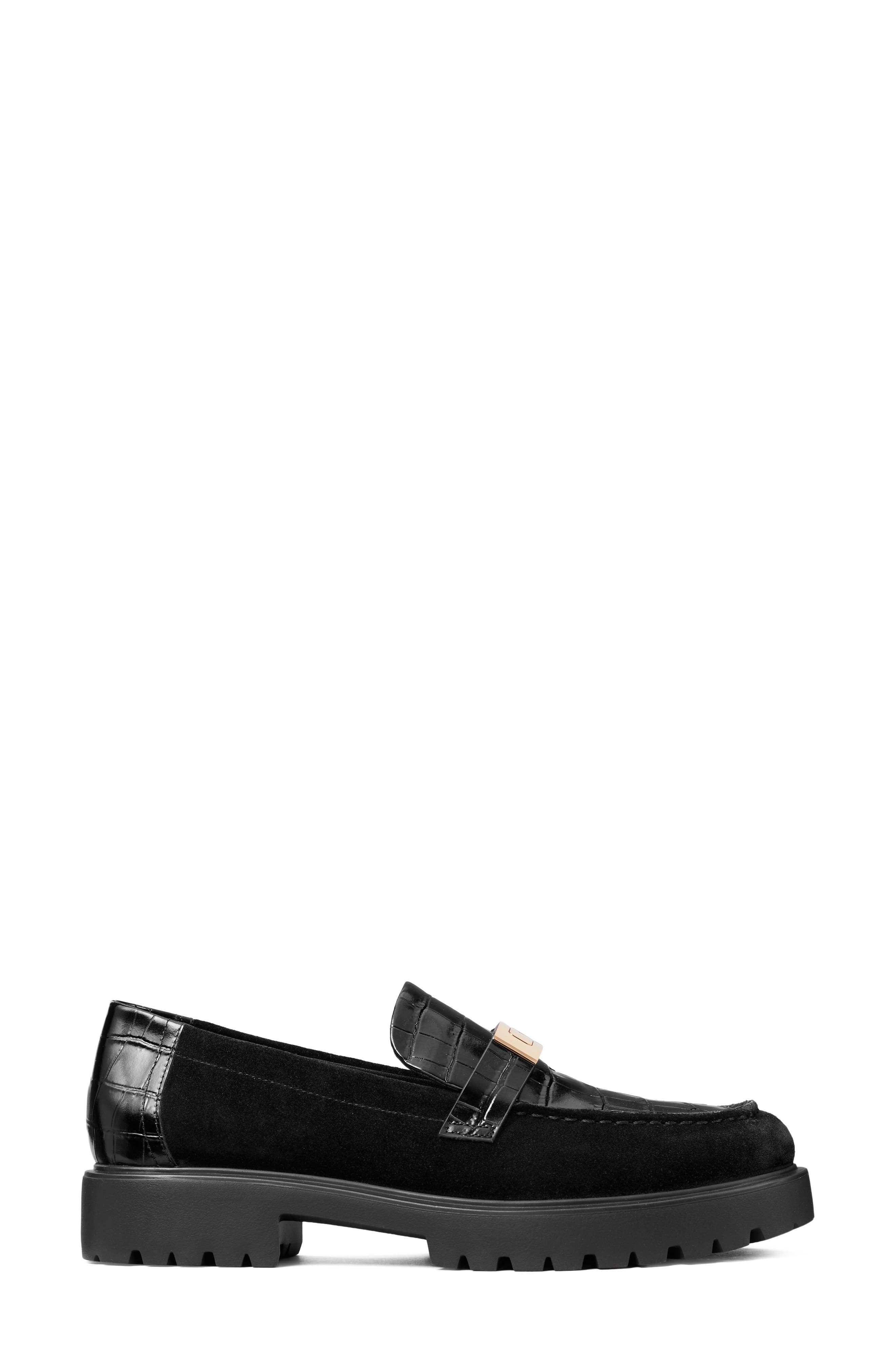Leelee Croc Embossed Lug Loafer, Alternate, color, PERFECT BLACK / GOLD