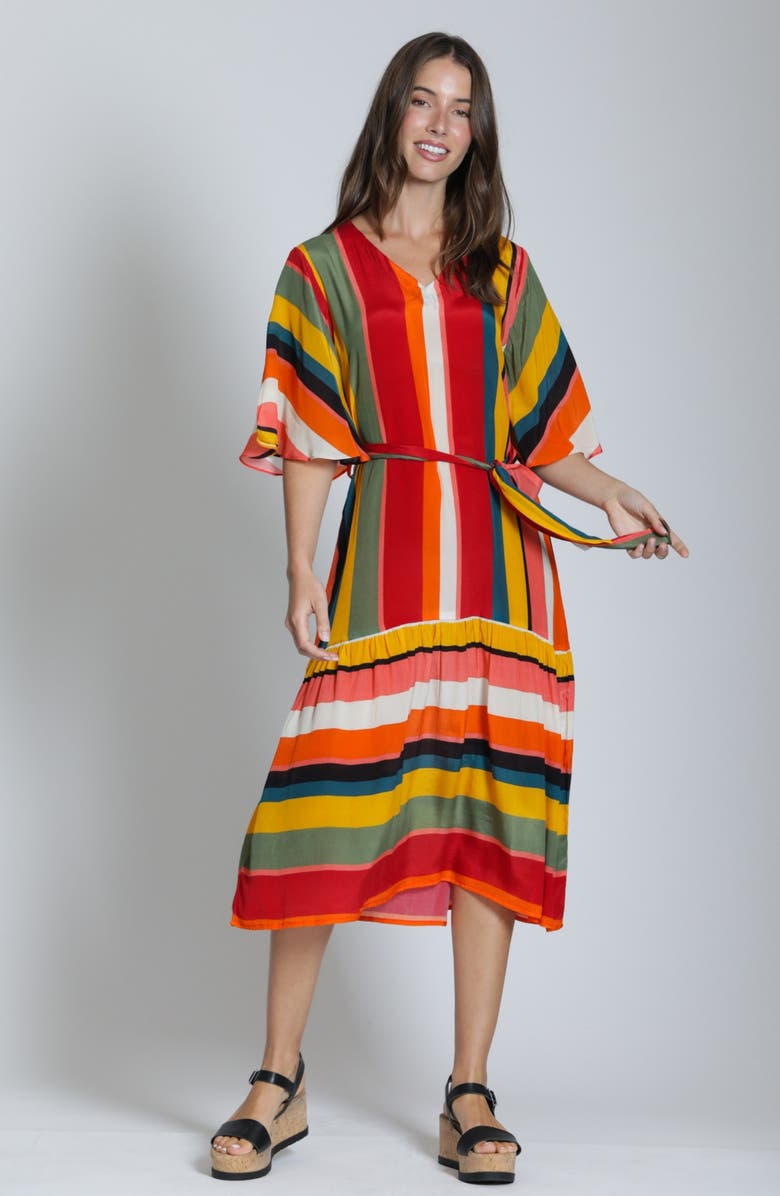 APNY Stripe Belted Dress, Alternate, color, Orange Olive Multi