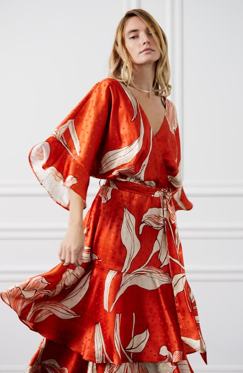 Ciebon Calix Floral Dot Jacquard Tiered Satin Maxi Dress In Red