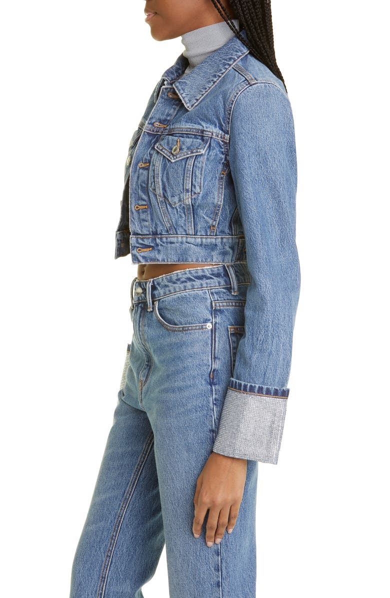 Alexander Wang Shrunken Crystal Cuff Denim Trucker Jacket | Nordstrom