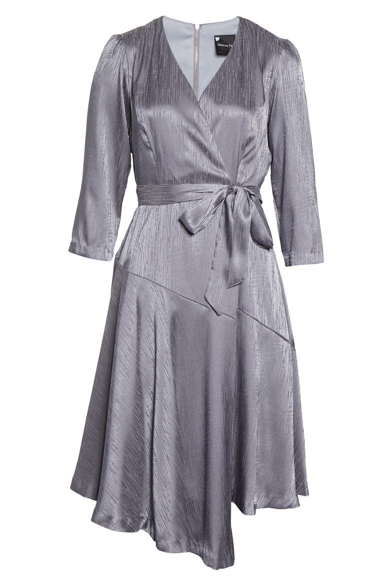 Jacquard Asymmetrical Faux Wrap Dress, Alternate, color, GUNMETAL