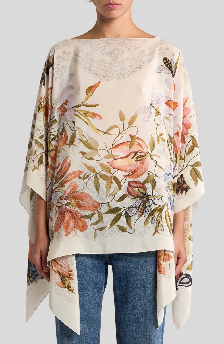 Etro Garden Print Silk Poncho Top, Main, color, Multicolor On Beige Base