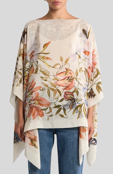 Garden Print Silk Poncho Top