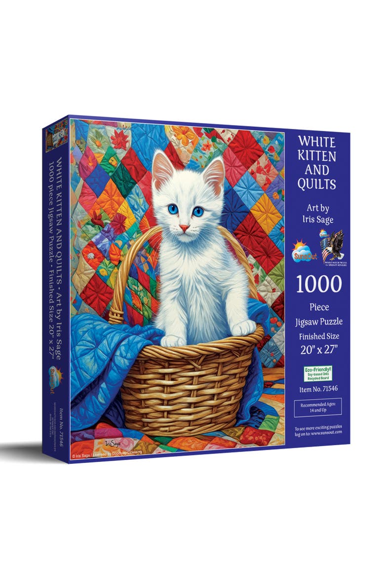 White Kitten and Quilts 1000 piece Jigsaw Puzzle for Adults, Main, color, Multicolor