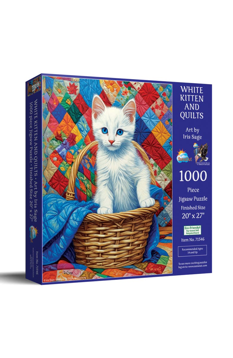 Sunsout White Kitten and Quilts 1000 piece Jigsaw Puzzle for Adults, Main, color, Multicolor