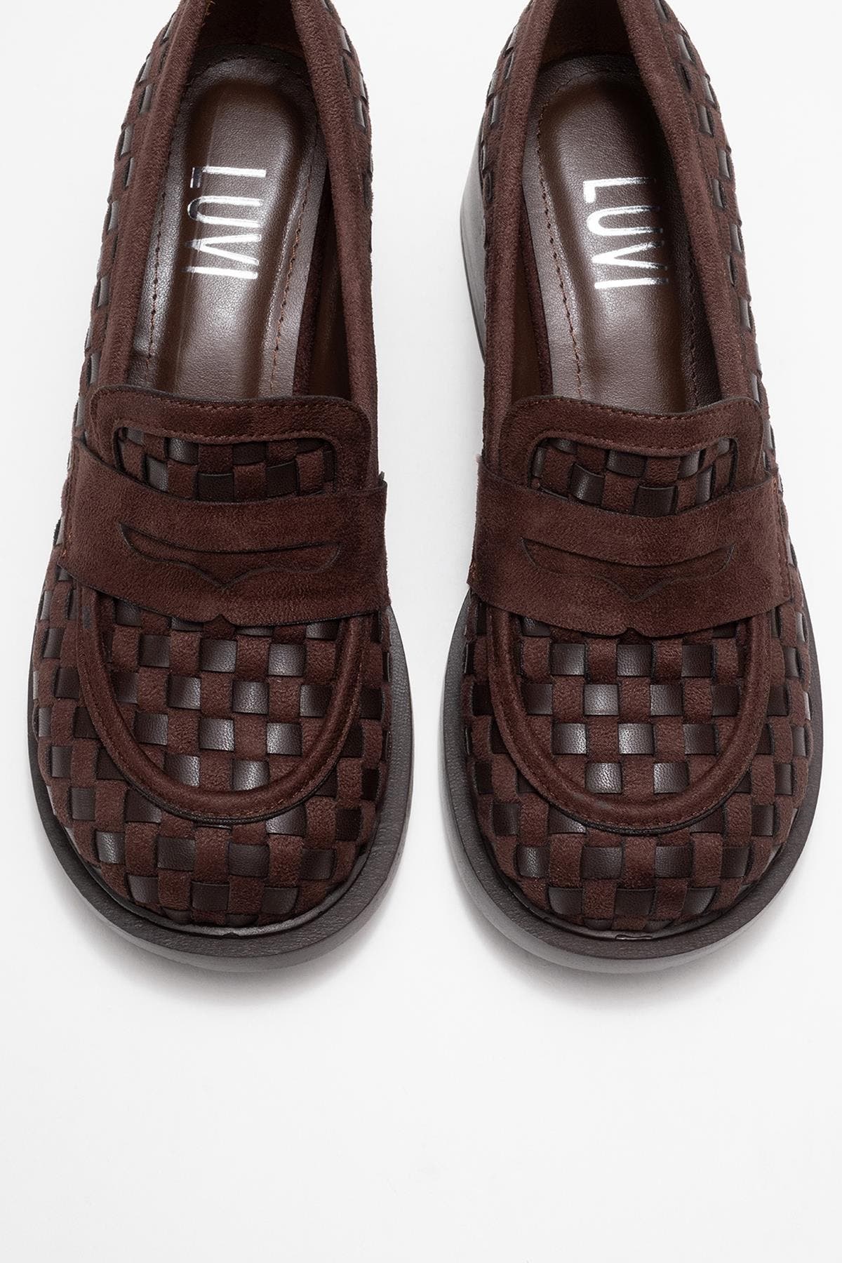 Prologue Shoes Marlon Woven Block Heel Loafer, Alternate, color, Brown Faux Leather