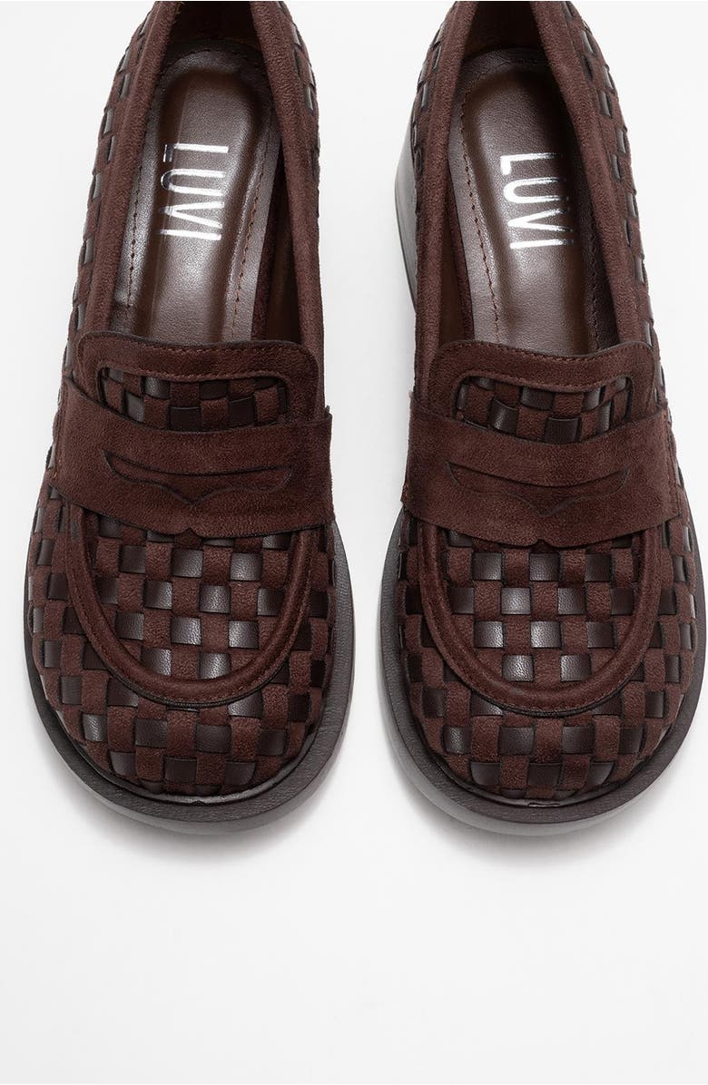 Prologue Shoes Marlon Woven Block Heel Loafer, Alternate, color, Brown Faux Leather