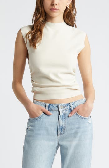 Open Edit Ruched Cap Sleeve Sweater In Ivory Dove