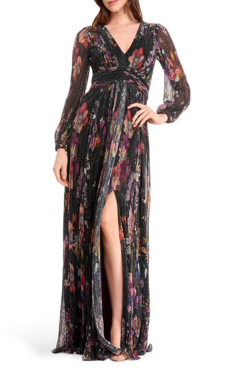Dress the Population Pauline Metallic Floral Long Sleeve Gown, Main, color, Violet Multi