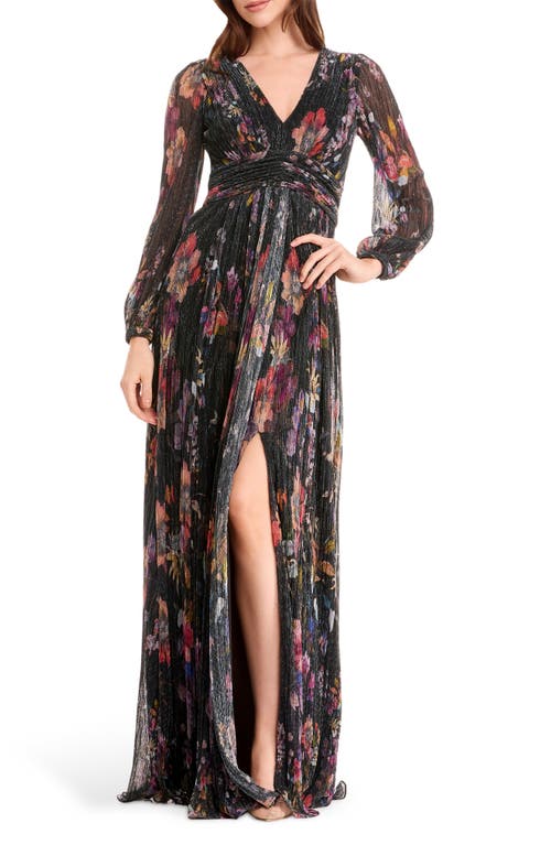 Dress The Population Pauline Metallic Floral Long Sleeve Gown In Black
