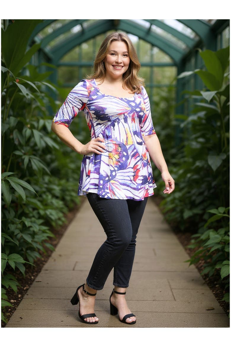 Plus Size Butterfly Scoop Neck Elbow Sleeve Tunic Top, Alternate, color, Purple Multi