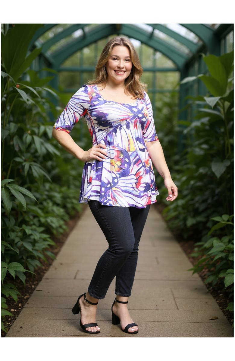 24seven Comfort Apparel Plus Size Butterfly Scoop Neck Elbow Sleeve Tunic Top, Alternate, color, Purple Multi