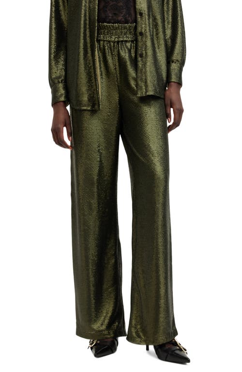 AllSaints Charli Sequin Wide Leg Pants in Olive Green 