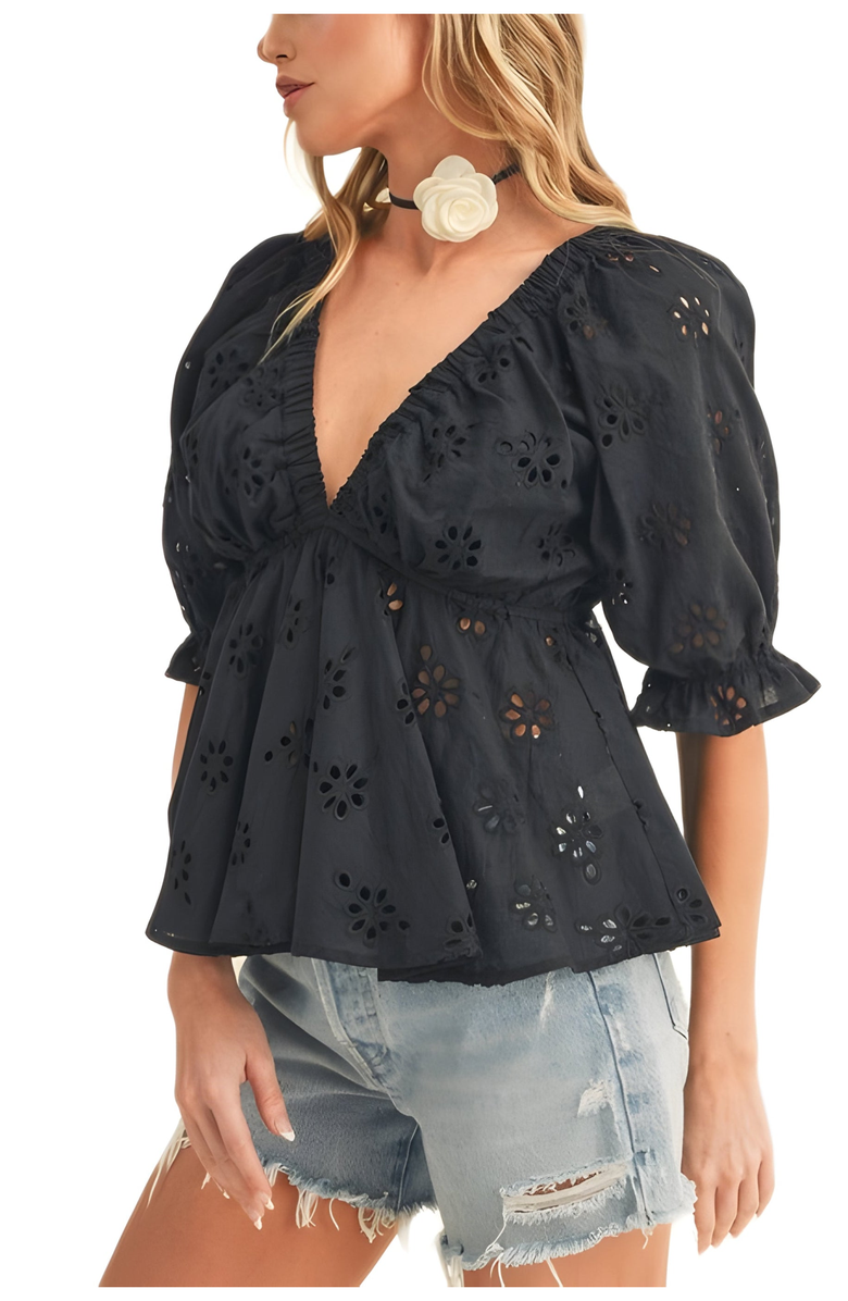 Knit and Lounge Eyelet Deep V-Neckline Peplum Top, Alternate, color, Black