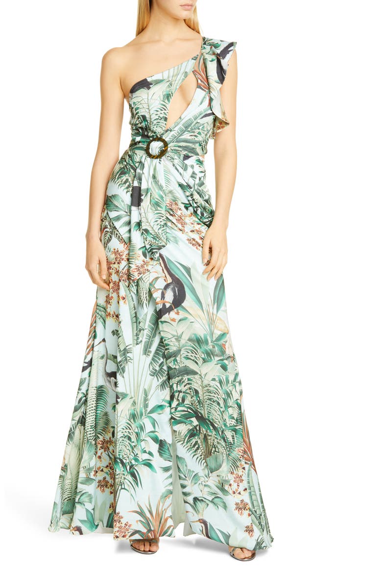 PatBO Eden One-Shoulder Cutout Gown, Main, color, VERDE