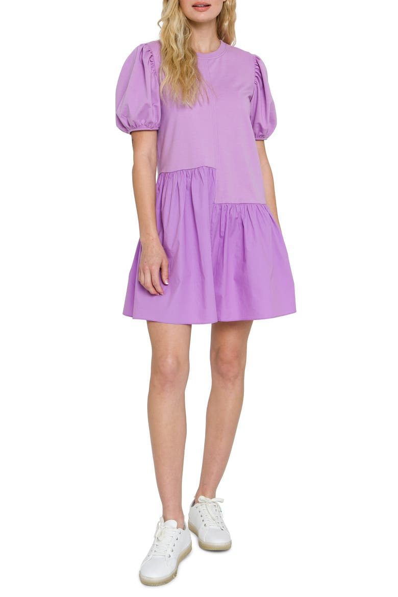 Puff Shoulder Mixed Media Minidress, Alternate, color, LILAC