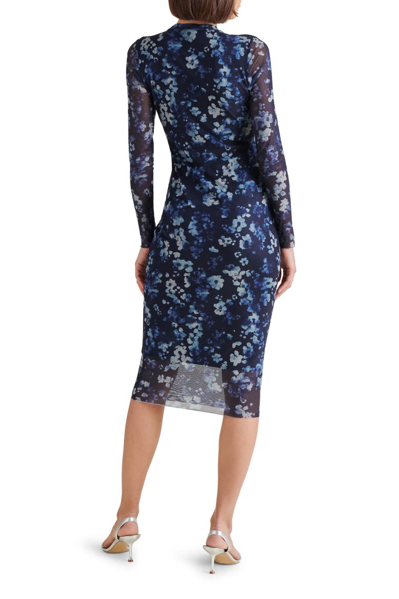Hailee Floral Long Sleeve Mesh Body-Con Midi Dress, Alternate, color, INDIGO
