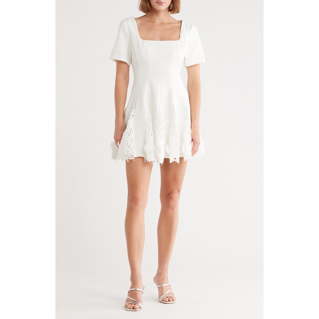 Milly Joy Short Sleeve Lace Godet Minidress In White
