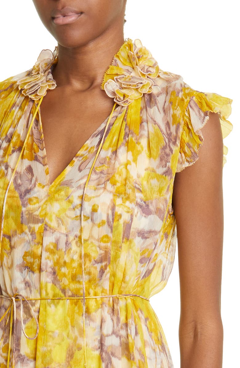 Zimmermann High Tide Flutter Sleeve Silk & Linen Midi Dress, Alternate, color, 