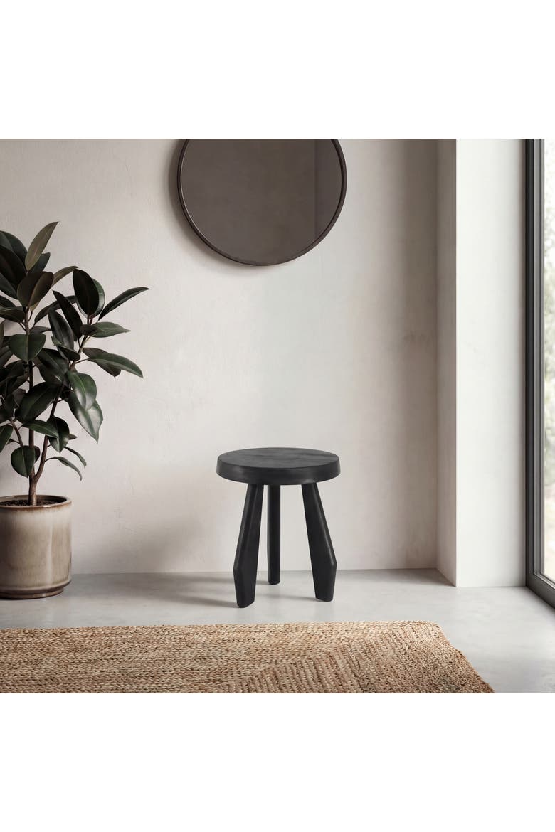 Terra Rustic Solid Acacia Wood Accent Stool, Small Indoor Outdoor Round Seat, Side Table and Plant Stand for Patio, Living Room, Alternate, color, Black