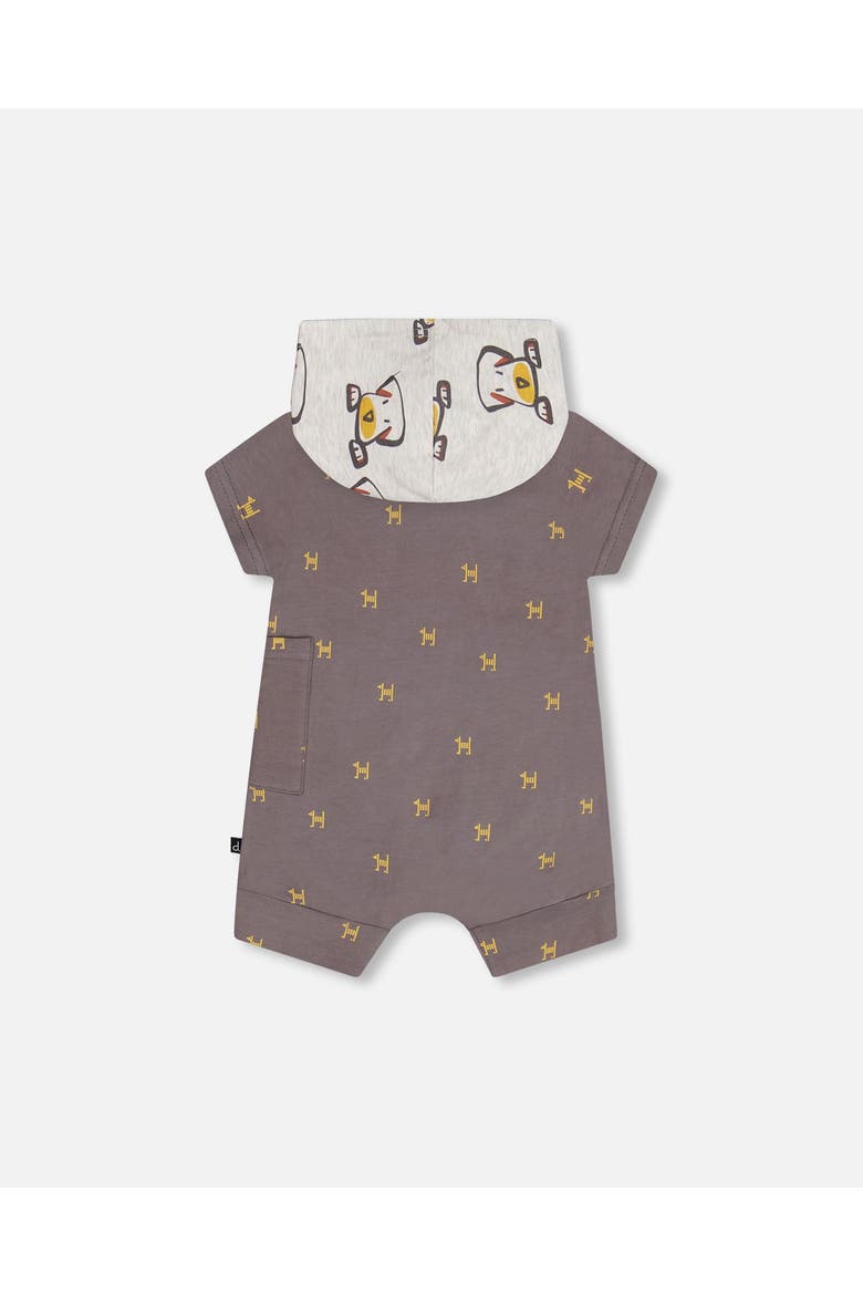 Baby Boy's Organic Cotton Hooded Romper Dark Grey With Printed Pixel Dog, Alternate, color, Dark Grey With Printed Dog