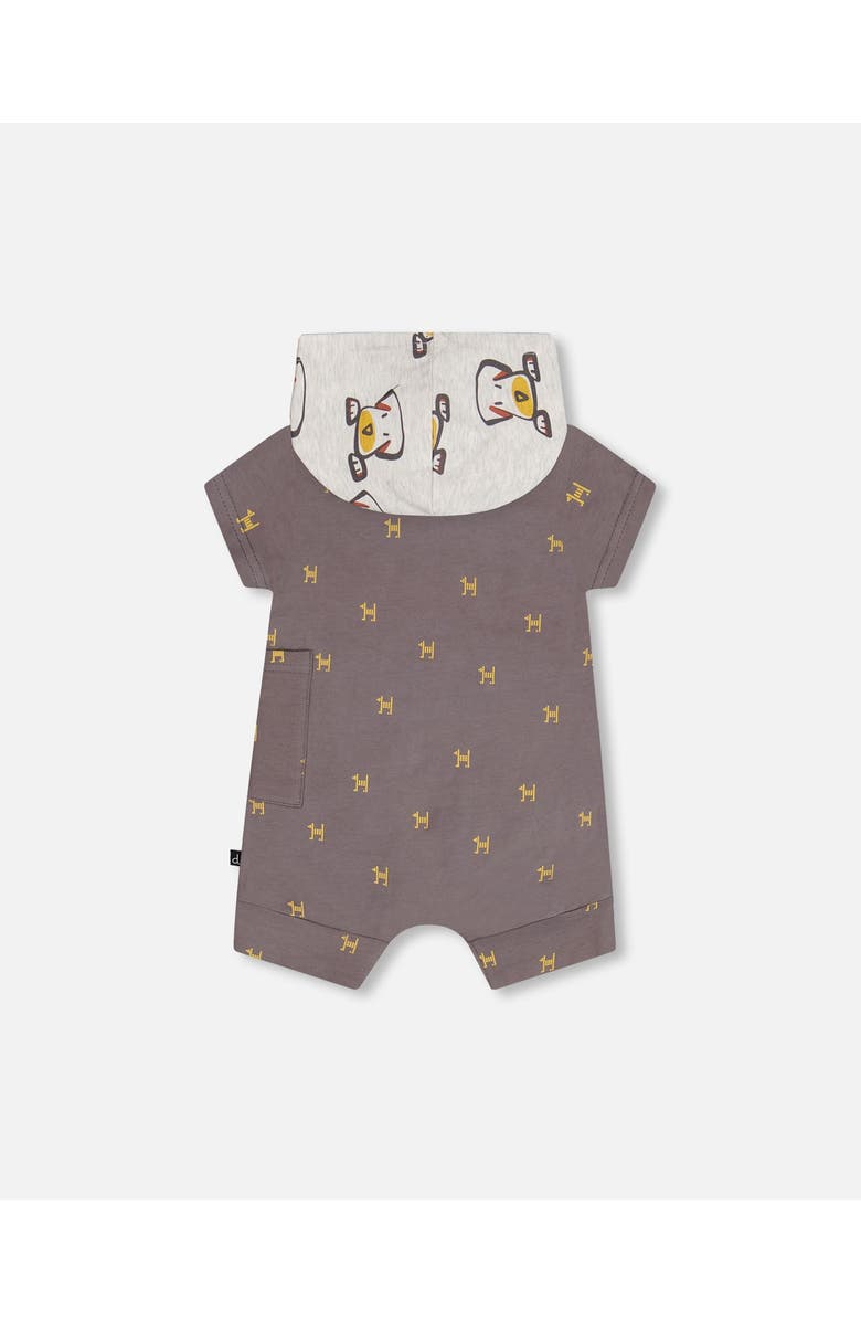 Deux par Deux Baby Boy's Organic Cotton Hooded Romper Dark Grey With Printed Pixel Dog, Alternate, color, 