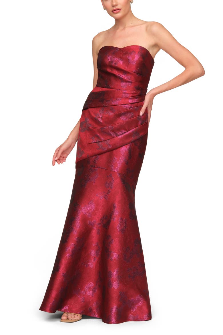 Sylvie Metallic Strapless Satin Gown, Alternate, color, CRIMSON MULTI