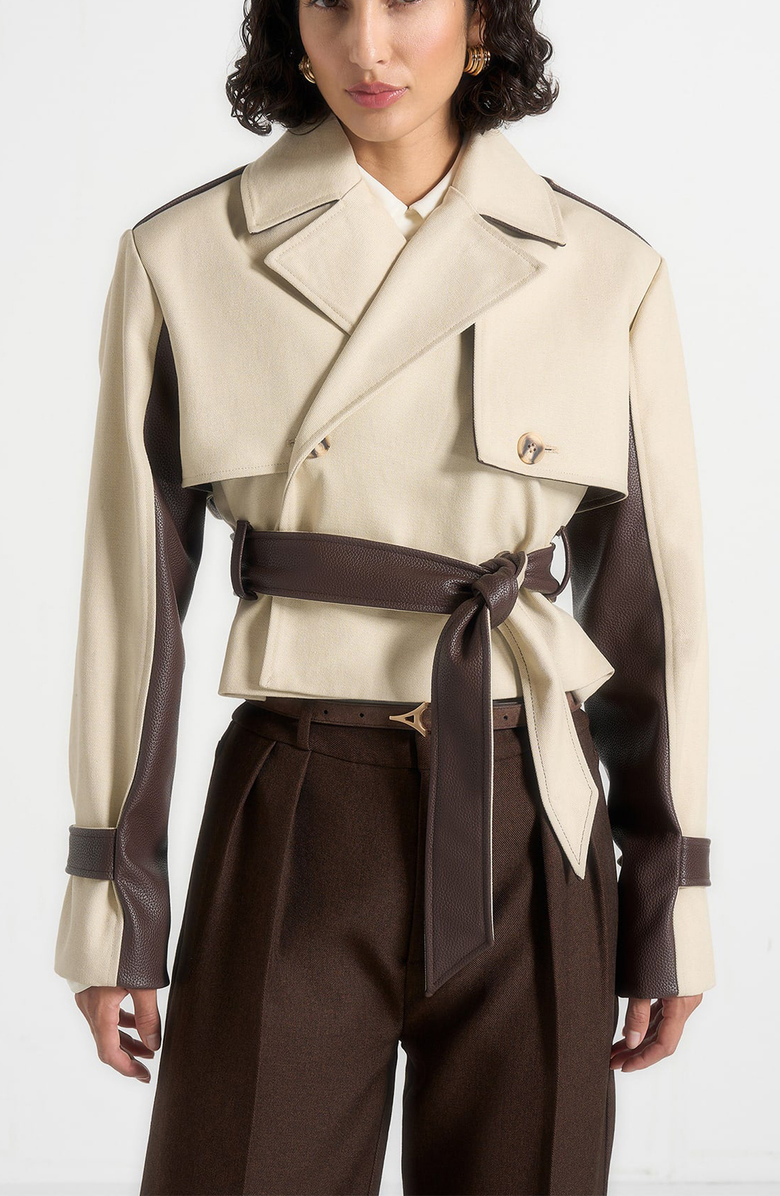 Manière De Voir Lelia Cropped Gabardine Trench Coat With Belt, Alternate, color, Beige